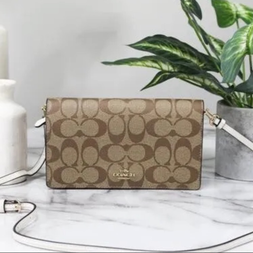 Coach Signature Khaki Chalk Coated Canvas Foldover clutch Crossbody Bag